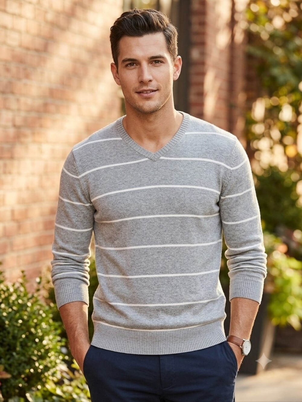 Merona Men's Gray and Cream Crewneck Striped Sweater
